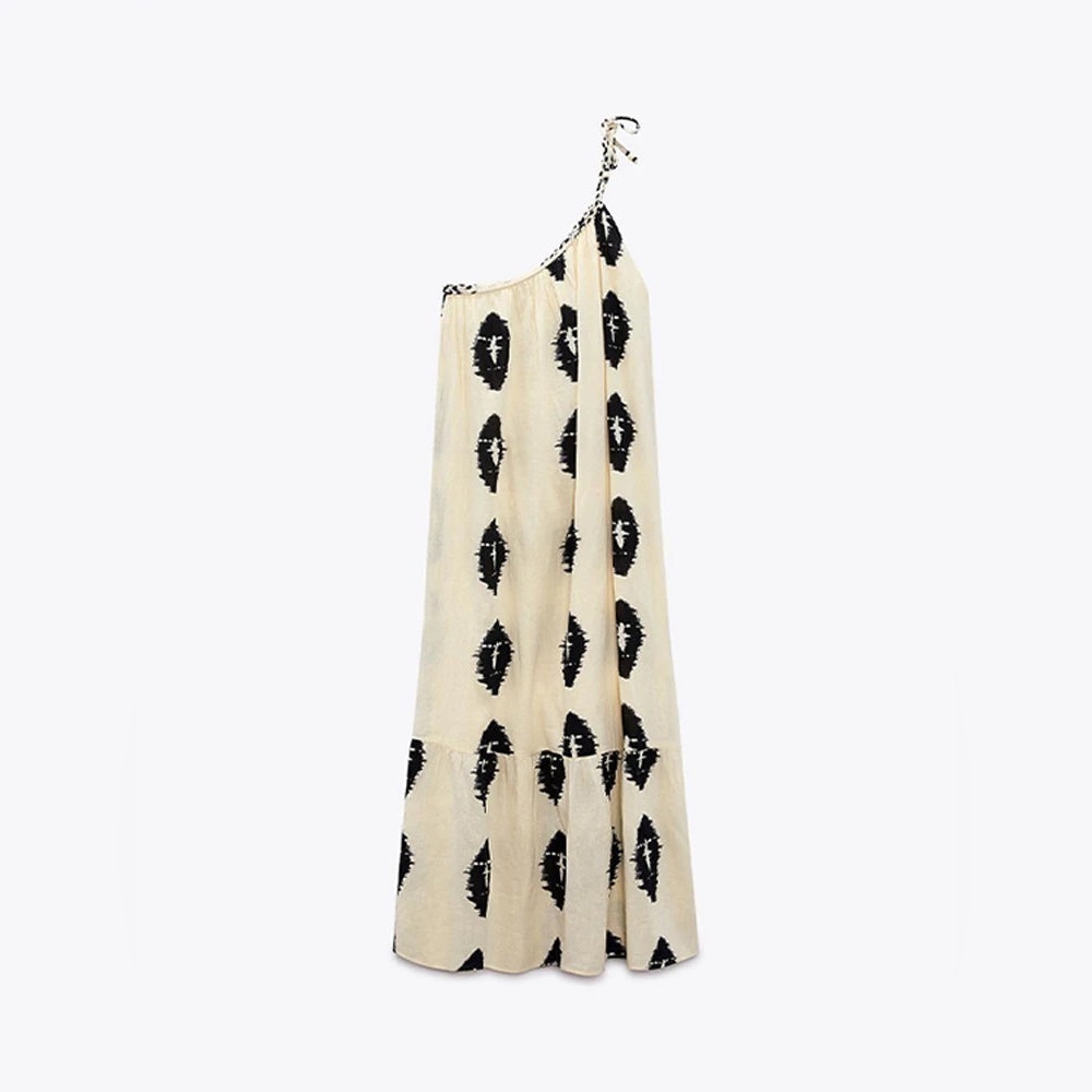 NWT one shoulder loose fitting beautiful ivory and black printed ruffled dress - Picture 4 of 13